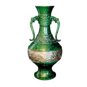 Vtg Japanese Embossed Shishi Brass Green Cast Metal Flower Vase